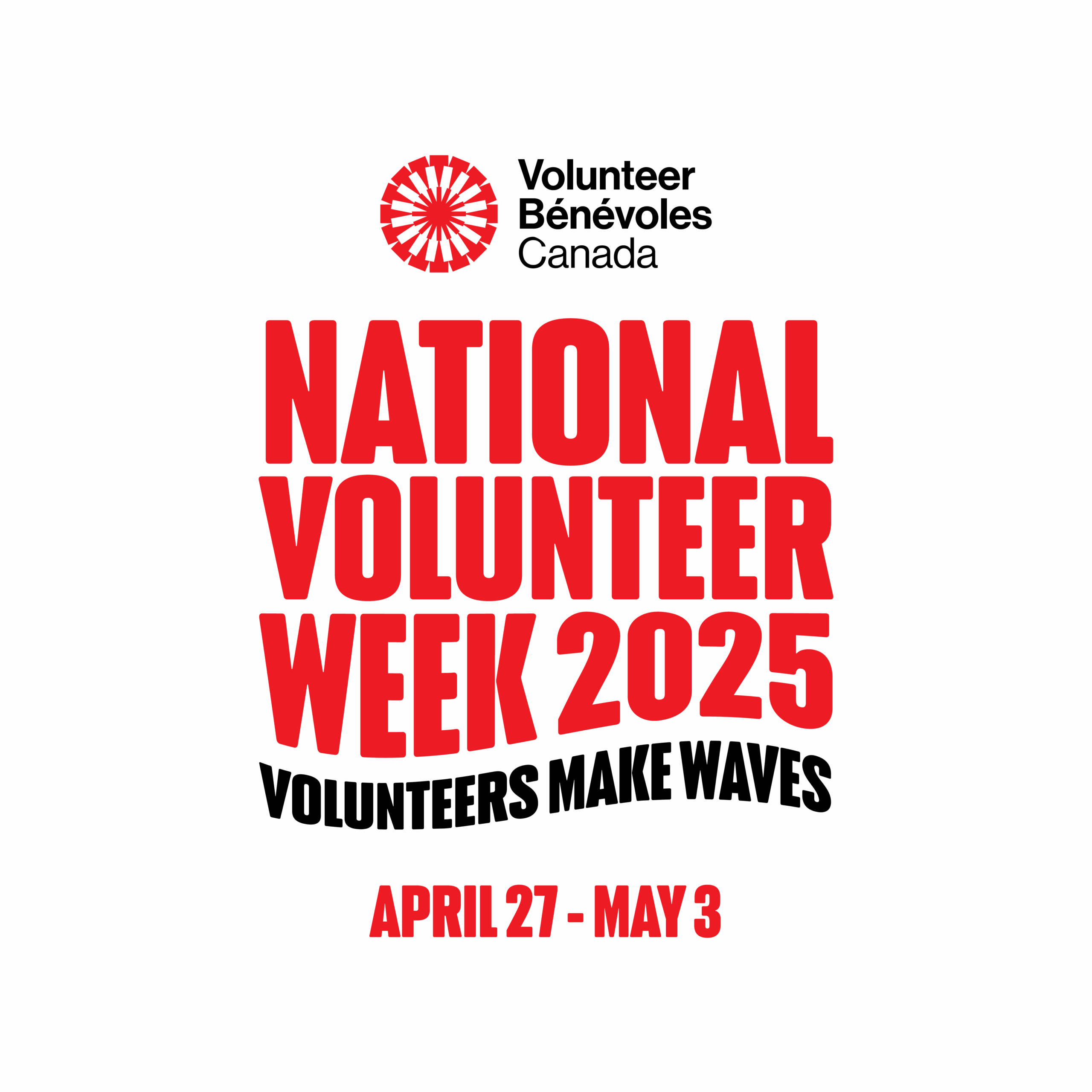 National Volunteer Week logo with red text and tagline Volunteers Make Waves in wave shape